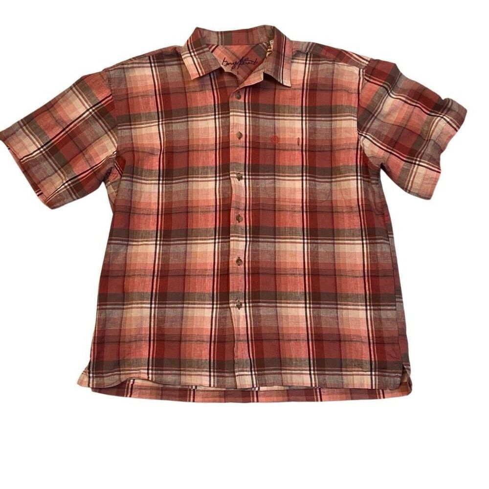 George Strait Linen Blend Light Burgundy Plaid Short Sleeve Shirt Men Sz Large